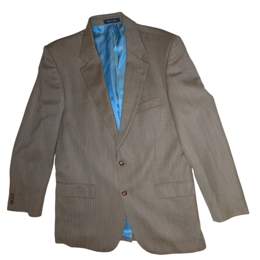 Alan Flusser Sport Coat Mens 42L Tan Silk Worsted Wool Herringbone Blazer Jacket